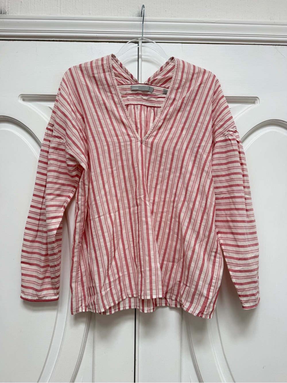 Vince Red and White Striped V-Neck Long Sleeve Top